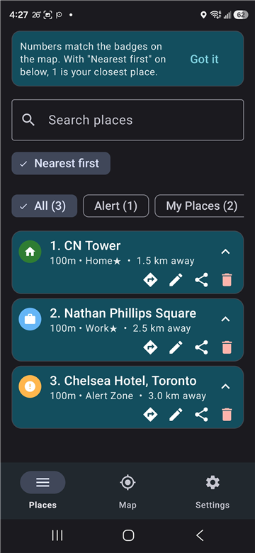 PazBy Places tab with action drawers expanded showing Directions, Edit, Share, Delete