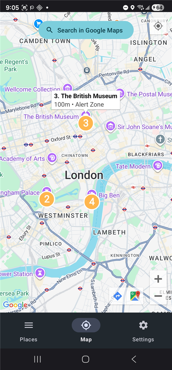 London map showing Buckingham Palace, British Museum, Big Ben as numbered Alert zones