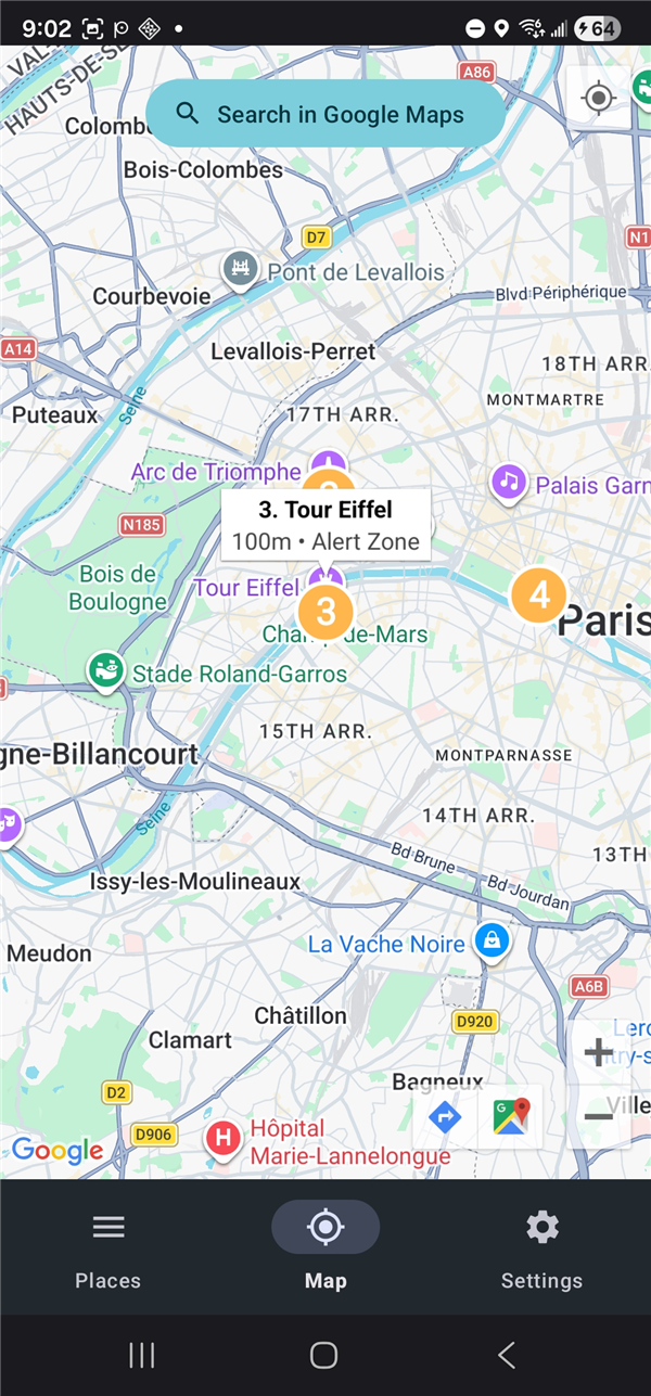 Tour Eiffel pin selected showing 100m Alert Zone popup