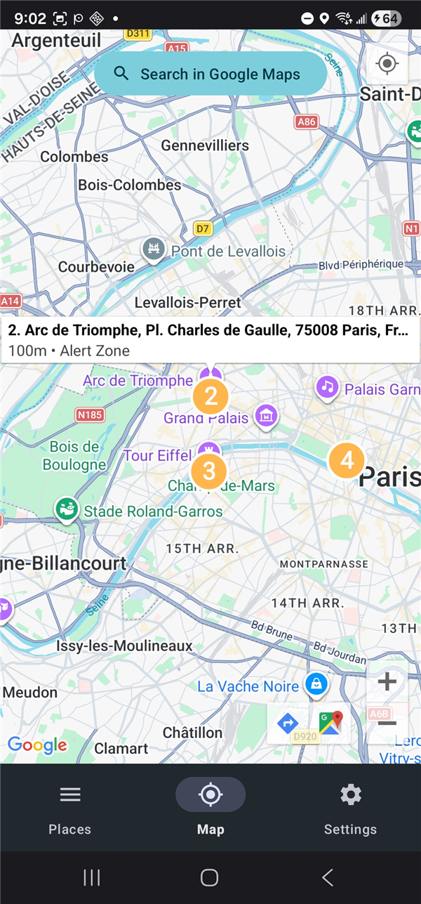 Paris map with 4 numbered Alert zones for Arc de Triomphe, Tour Eiffel, Musée du Louvre