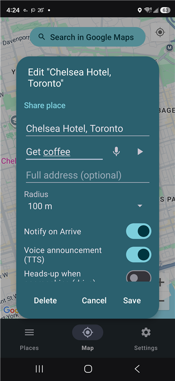 PazBy zone edit dialog showing radius, notification toggles, reminder text, and share/delete actions